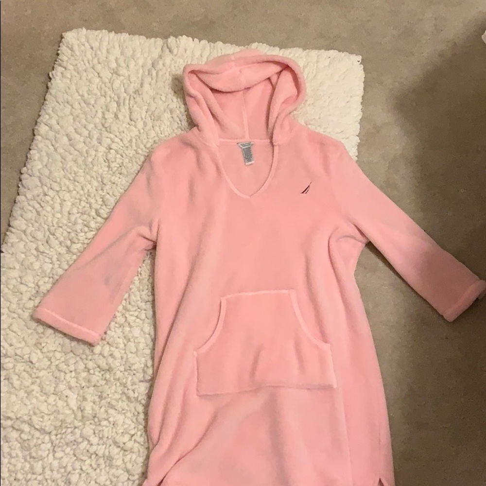 Fuzzy pink sweater with hoodie & 3/4 sleeves.